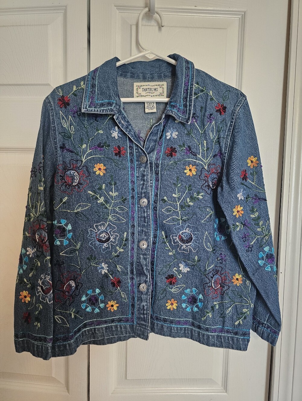 Tantrums Womens Cotton Demin Embroidered Jean Jacket Sz Petite Med